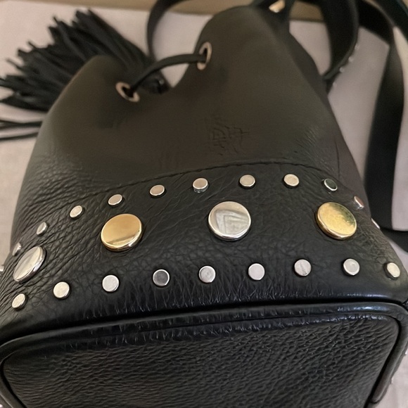 SANDRO Paris Alane Black Studs Pebble Leather Bucket Bag Tassel - Picture 10 of 12